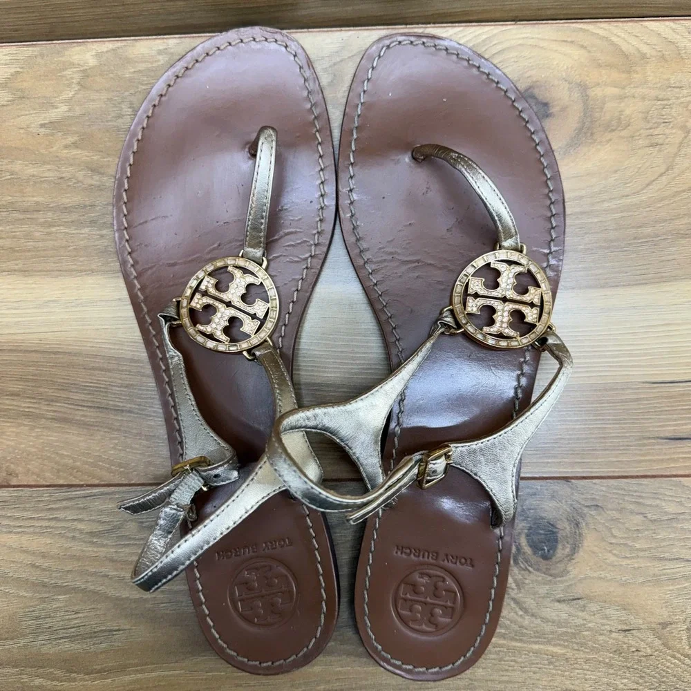 Tory Burch Gold T Strap Sandals Womens 11 M Leather Rhinestones Chic Travel